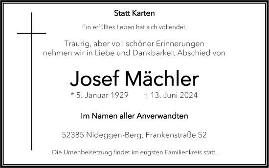 Traueranzeige von Josef Mächler von Zeitung am Sonntag