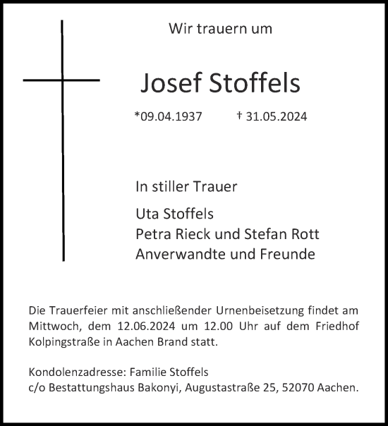 Traueranzeige von Josef Stoffels von Aachener Zeitung