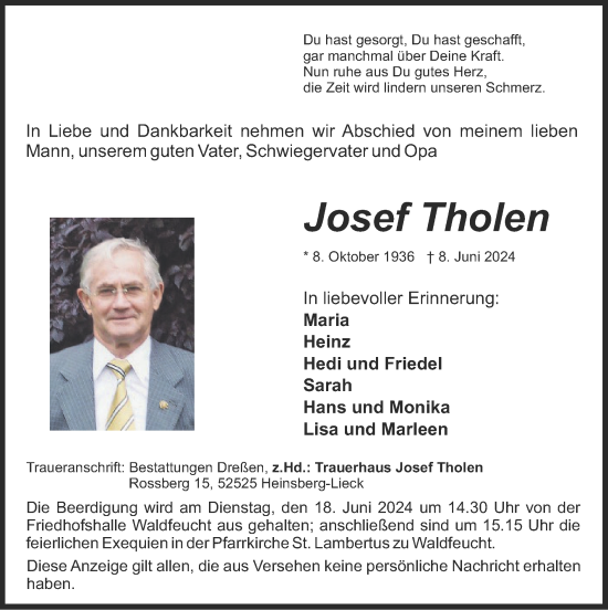 Traueranzeige von Josef Tholen von Zeitung am Sonntag