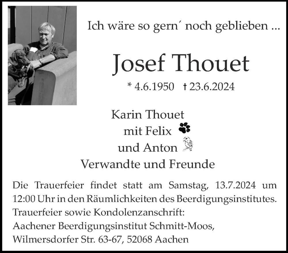  Traueranzeige für Josef Thouet vom 29.06.2024 aus Aachener Zeitung