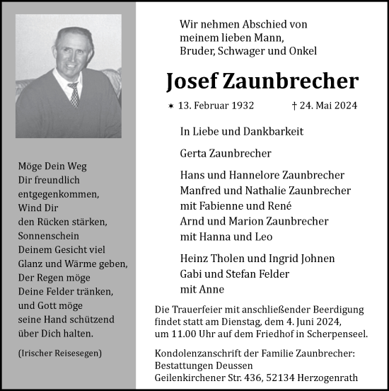Traueranzeige von Josef Zaunbrecher von Zeitung am Sonntag