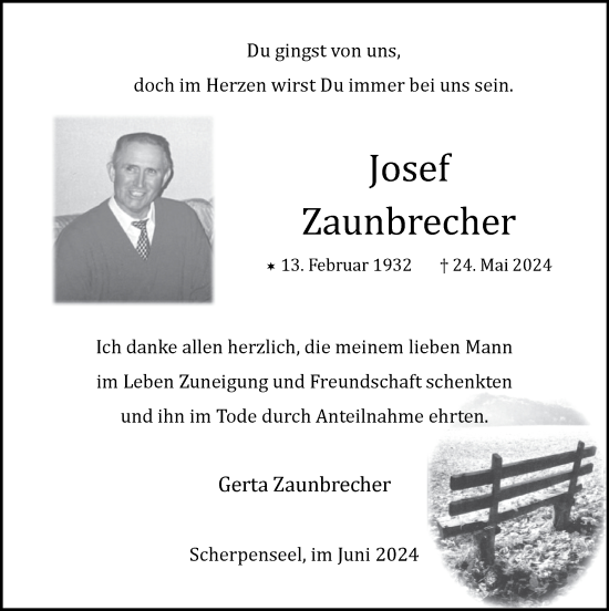 Traueranzeige von Josef Zaunbrecher von Zeitung am Sonntag