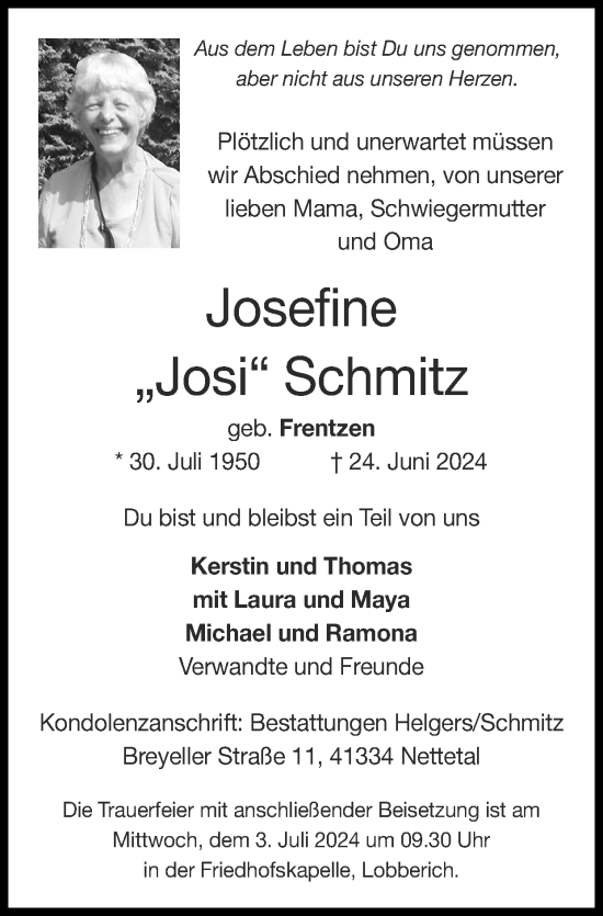 Traueranzeige von Josefine Schmitz von Zeitung am Sonntag