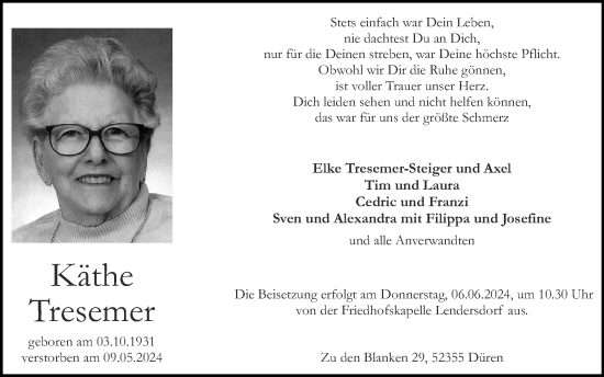 Traueranzeige von Käthe Tresemer von Zeitung am Sonntag