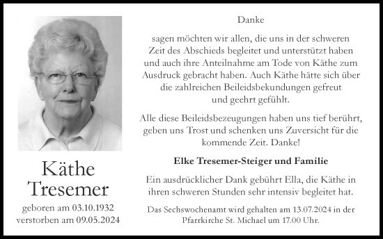Traueranzeige von Käthe Tresemer von Zeitung am Sonntag