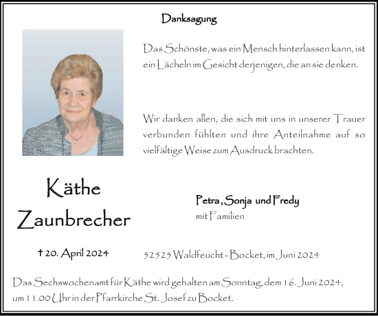 Traueranzeige von Käthe Zaunbrecher von Zeitung am Sonntag