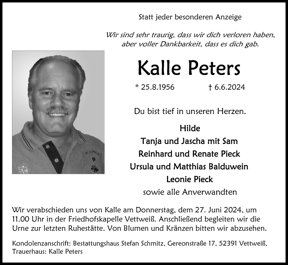  Traueranzeige für Kalle Peters vom 16.06.2024 aus Zeitung am Sonntag