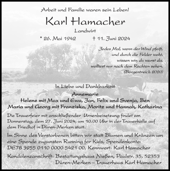 Traueranzeige von Karl Hamacher von Zeitung am Sonntag
