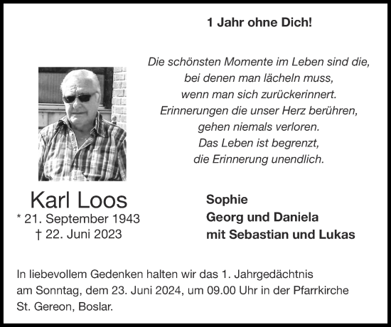 Traueranzeige von Karl Loos von Zeitung am Sonntag