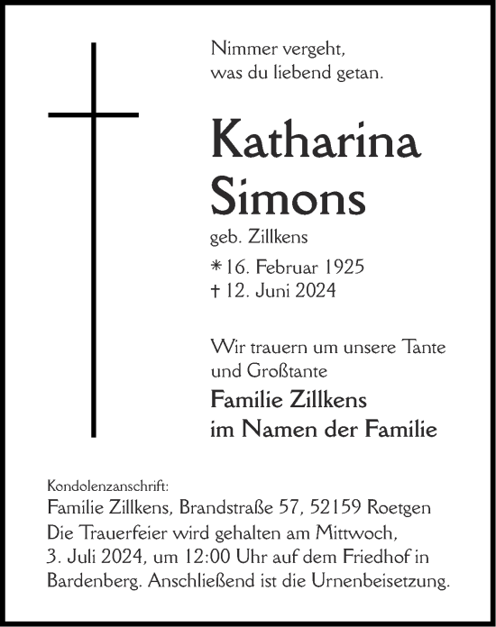 Traueranzeige von Katharina Simons von Zeitung am Sonntag