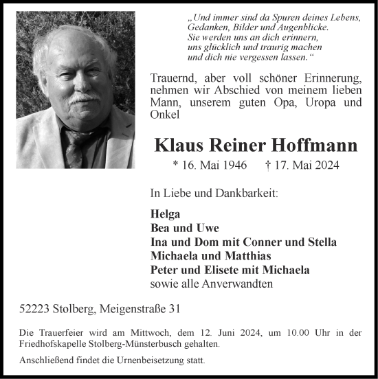 Traueranzeige von Klaus Reiner Hoffmann von Zeitung am Sonntag