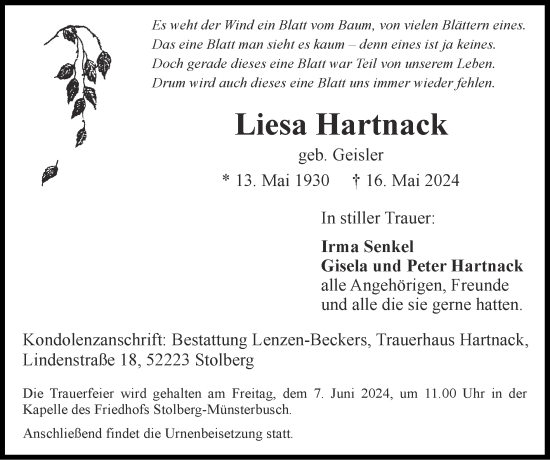 Traueranzeige von Liesa Hartnack von Zeitung am Sonntag