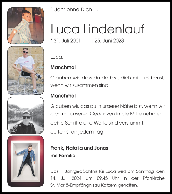 Traueranzeige von Luca Lindenlauf von Zeitung am Sonntag