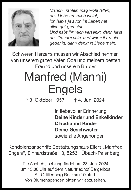 Traueranzeige von Manfred Engels von Zeitung am Sonntag