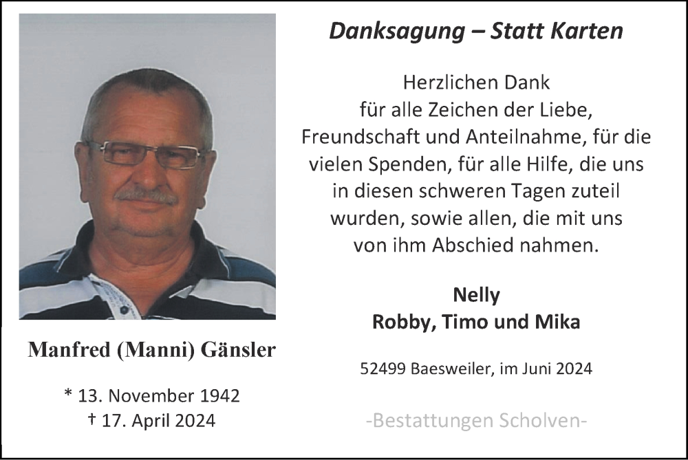  Traueranzeige für Manfred Gänsler vom 02.06.2024 aus Zeitung am Sonntag