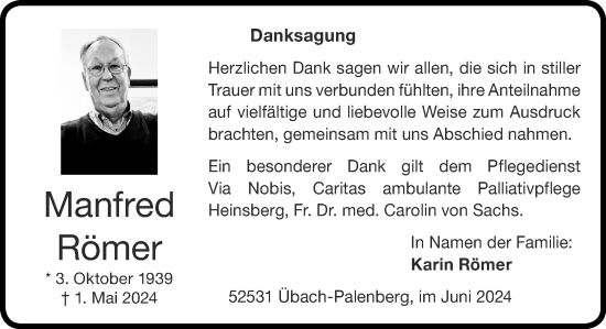Traueranzeige von Manfred Römer von Zeitung am Sonntag
