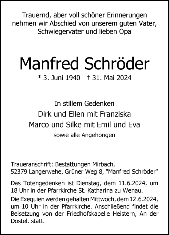 Traueranzeige von Manfred Schröder von Zeitung am Sonntag