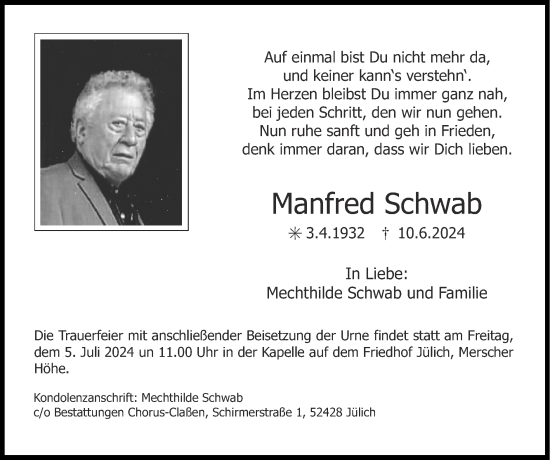Traueranzeige von Manfred Schwab von Zeitung am Sonntag