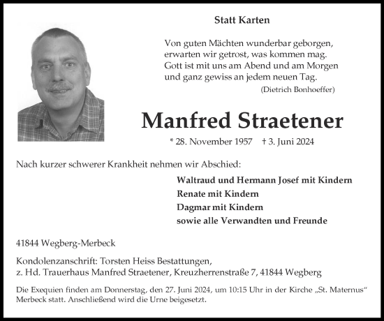 Traueranzeige von Manfred Straetener von Zeitung am Sonntag