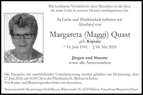 Traueranzeige von Margareta  Quast von Zeitung am Sonntag