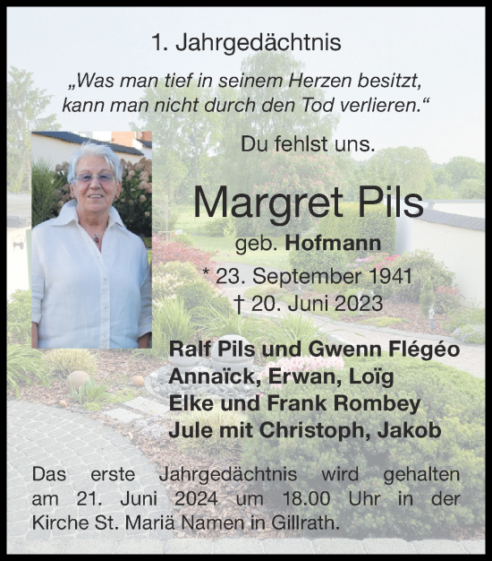 Traueranzeige von Margret Pils von Zeitung am Sonntag