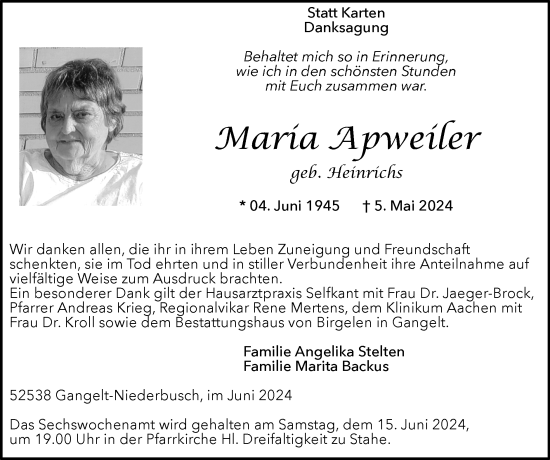 Traueranzeige von Maria Apweiler von Zeitung am Sonntag