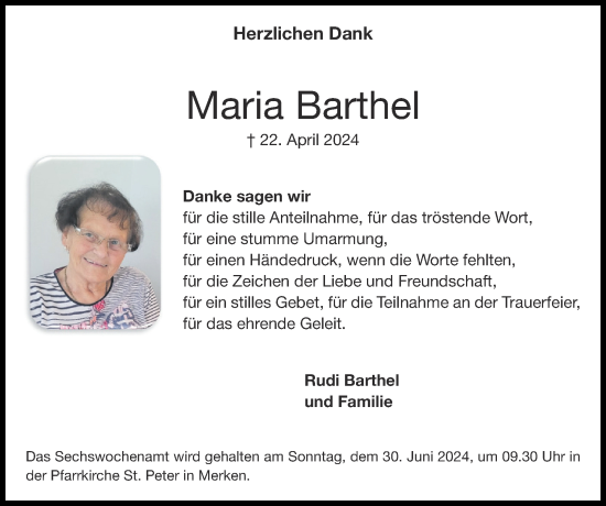 Traueranzeige von Maria Barthel von Zeitung am Sonntag
