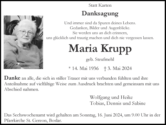 Traueranzeige von Maria Krupp von Zeitung am Sonntag