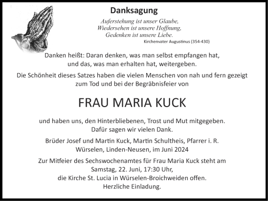 Traueranzeige von Maria Kuck von Zeitung am Sonntag
