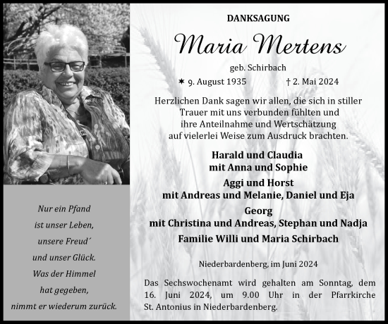 Traueranzeige von Maria Mertens von Zeitung am Sonntag