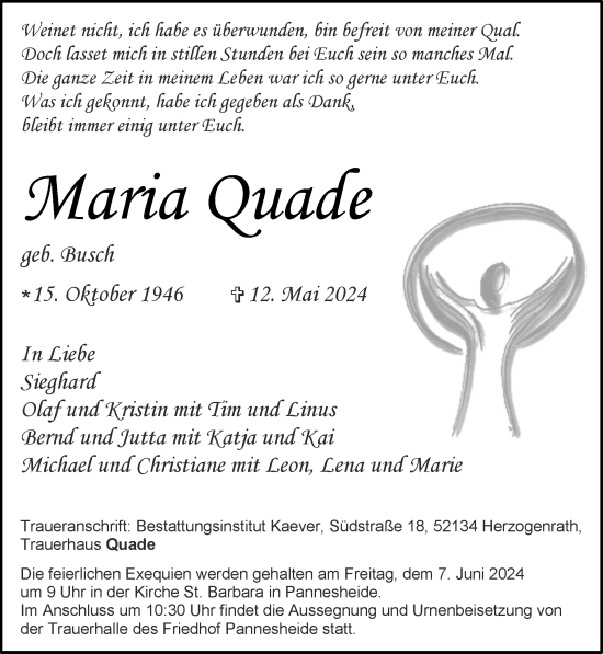 Traueranzeige von Maria Quade von Zeitung am Sonntag