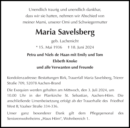 Traueranzeige von Maria Savelsberg von Aachener Zeitung