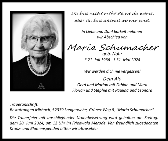 Traueranzeige von Maria Schumacher von Zeitung am Sonntag