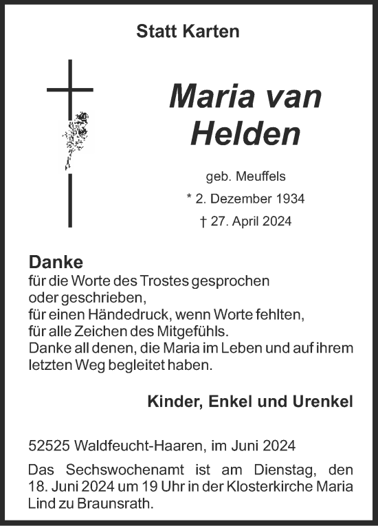 Traueranzeige von Maria van Helden von Zeitung am Sonntag
