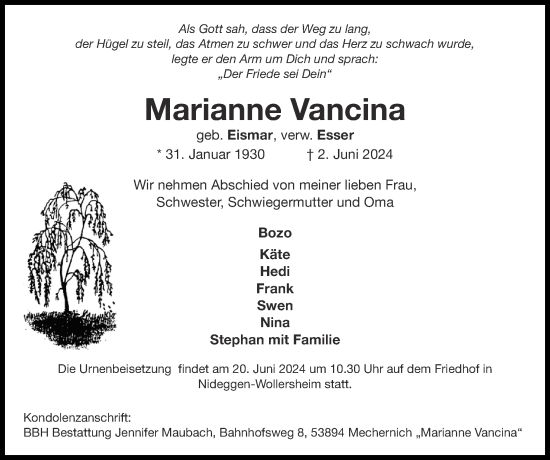 Traueranzeige von Marianne Vancina von Zeitung am Sonntag