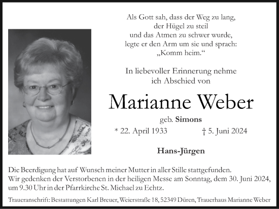 Traueranzeige von Marianne Weber von Zeitung am Sonntag