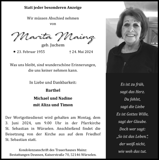Traueranzeige von Marita Mainz von Zeitung am Sonntag