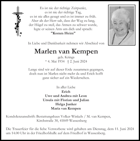 Traueranzeige von Marlen van Kempen von Zeitung am Sonntag