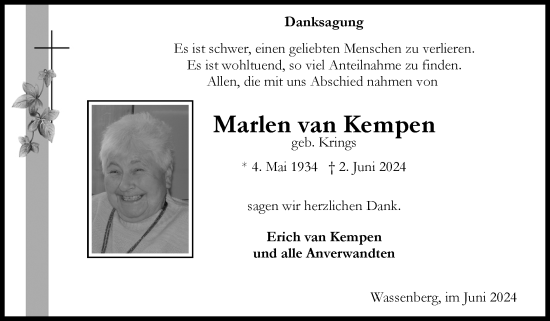 Traueranzeige von Marlen van Kempen von Zeitung am Sonntag