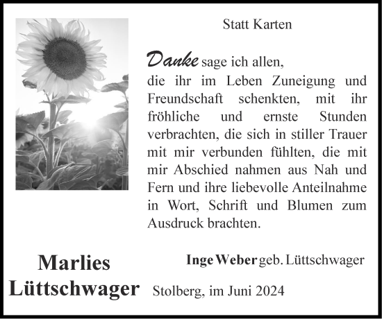 Traueranzeige von Marlies Lüttschwager von Zeitung am Sonntag