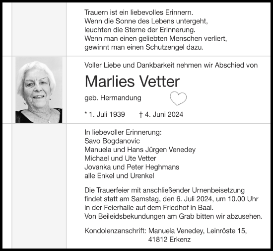 Traueranzeige von Marlies Vetter von Zeitung am Sonntag