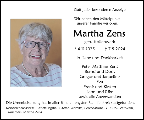 Traueranzeige von Martha Zens von Zeitung am Sonntag