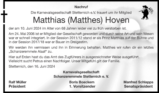 Traueranzeige von Matthias Hoven von Zeitung am Sonntag