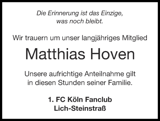 Traueranzeige von Matthias Hoven von Zeitung am Sonntag
