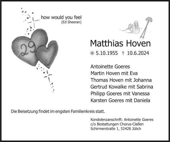 Traueranzeige von Matthias Hoven von Zeitung am Sonntag
