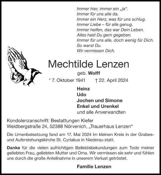 Traueranzeige von Mechtilde Lenzen von Zeitung am Sonntag