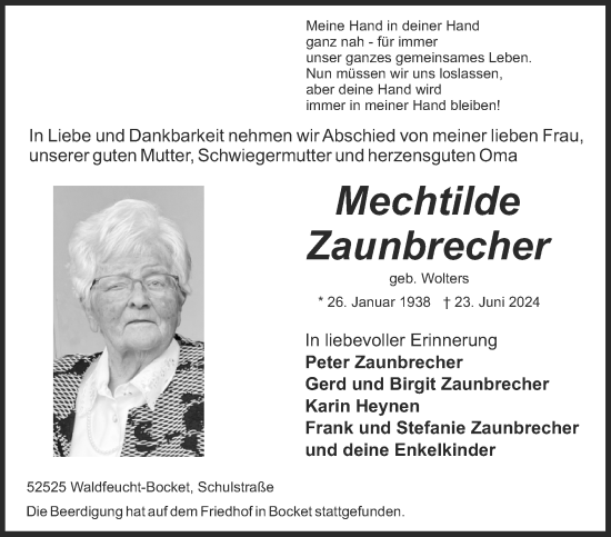 Traueranzeige von Mechtilde Zaunbrecher von Zeitung am Sonntag