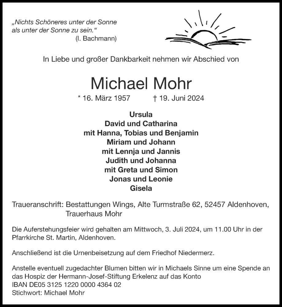  Traueranzeige für Michael Mohr vom 23.06.2024 aus Zeitung am Sonntag