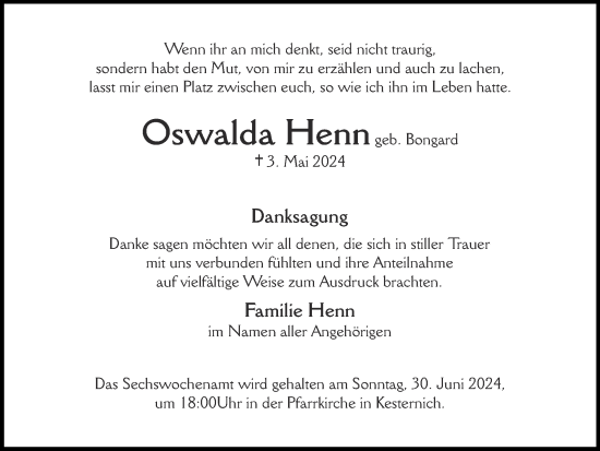 Traueranzeige von Oswalda Henn von Zeitung am Sonntag