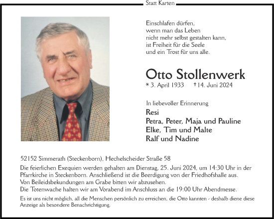 Traueranzeige von Otto Stollenwerk von Aachener Zeitung